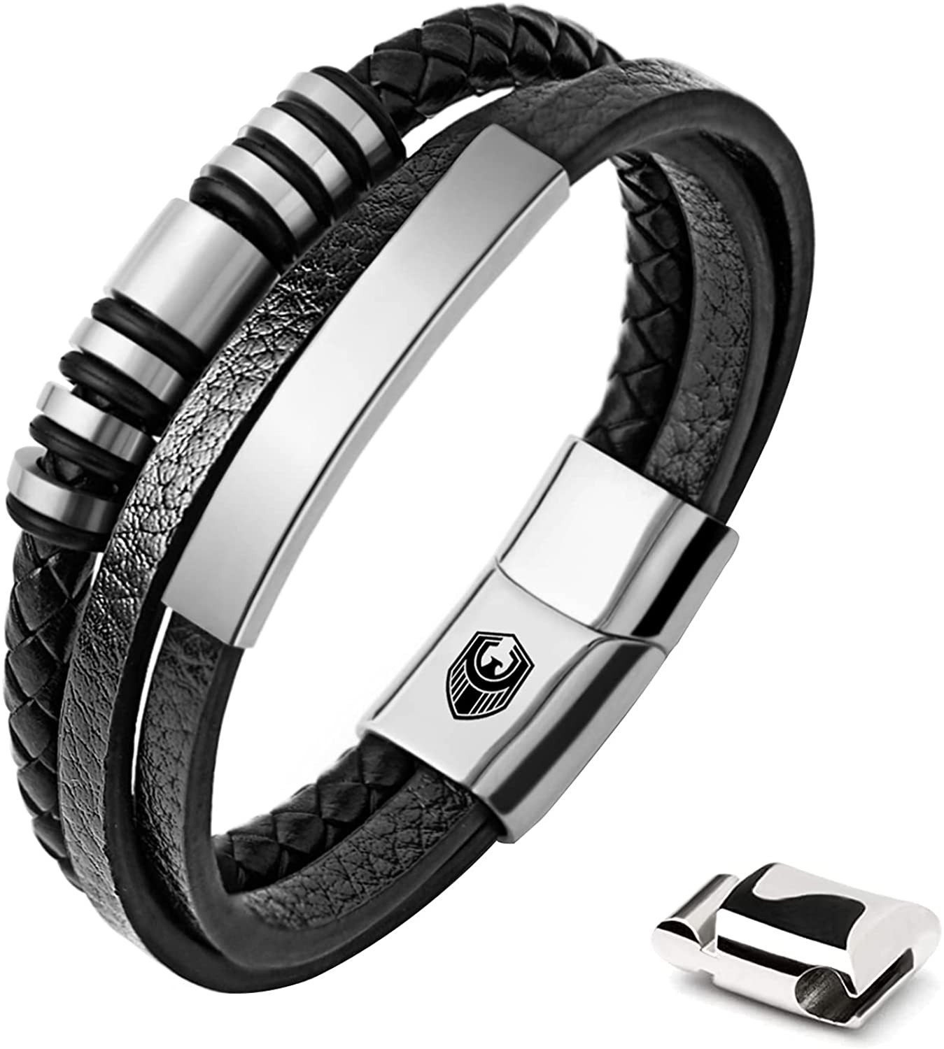 Bracelet Homme Cuir Tréssé Rond Fermoir Acier Inoxydable - Classics - Noir  - Homme - Bracelet souple | MATY